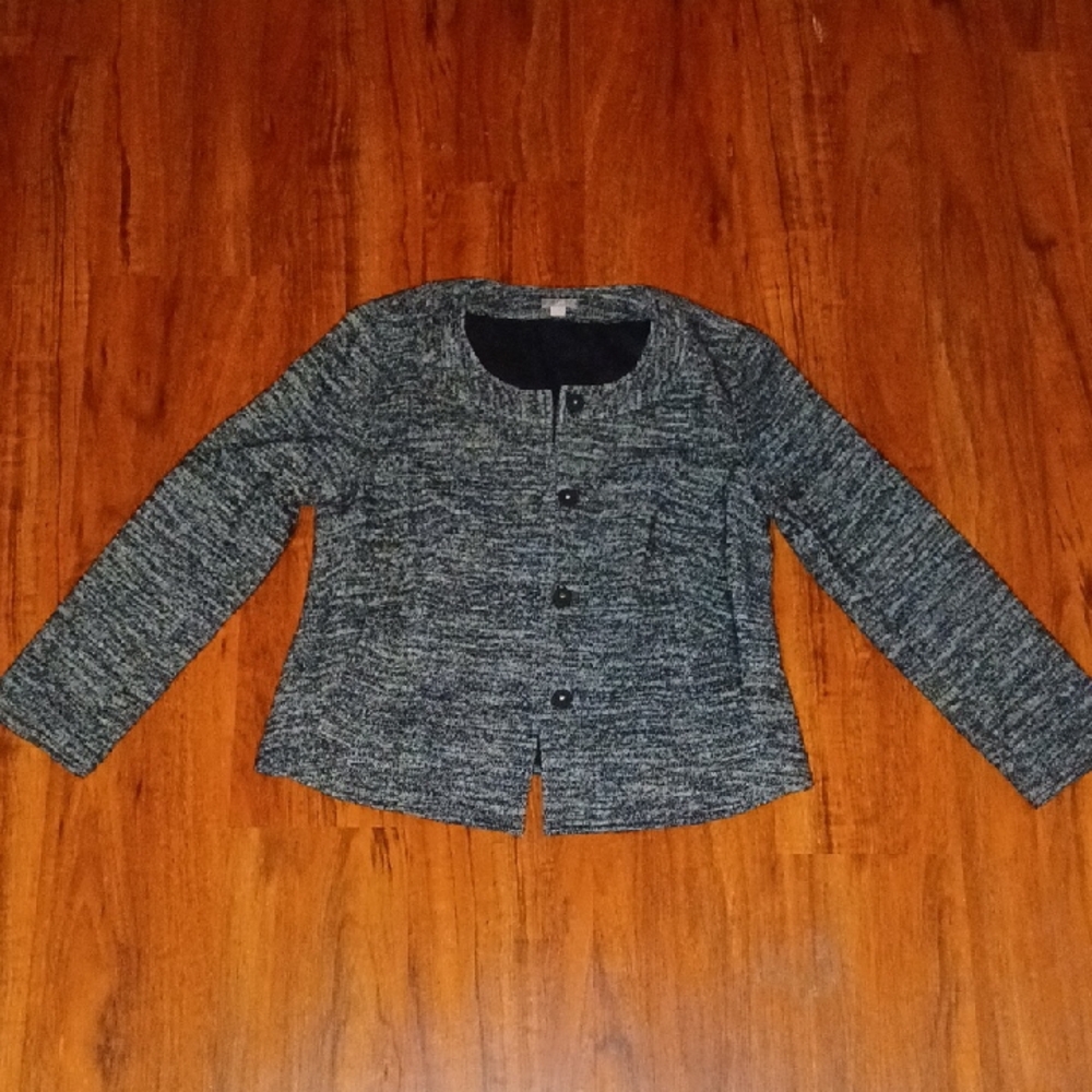 J.Jill Tweed Wool Blend Collarless Jacket Snap Lined Pocket Black Grey Women's M